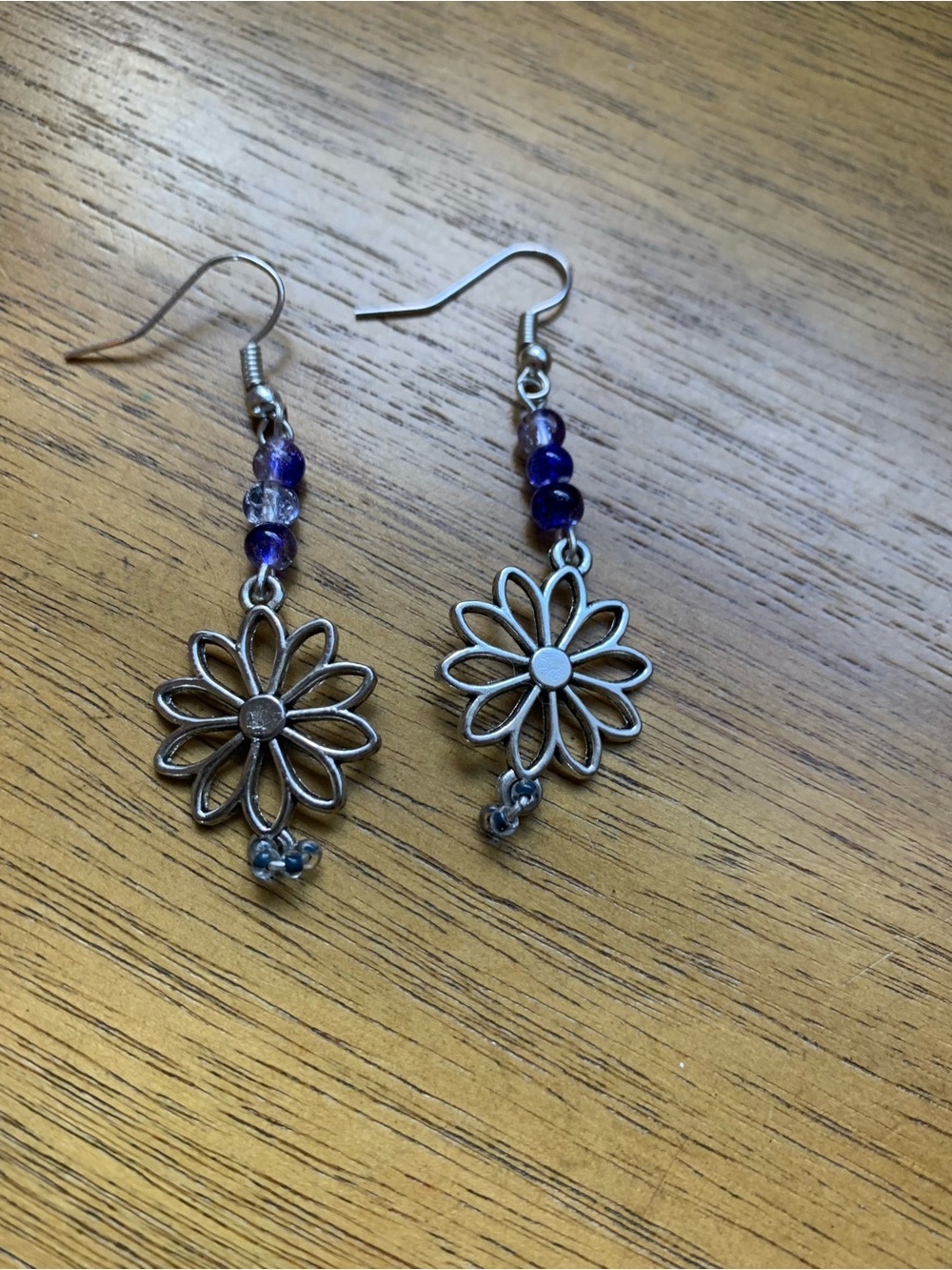Silver Floral Dangle Earrings with Blue Beads